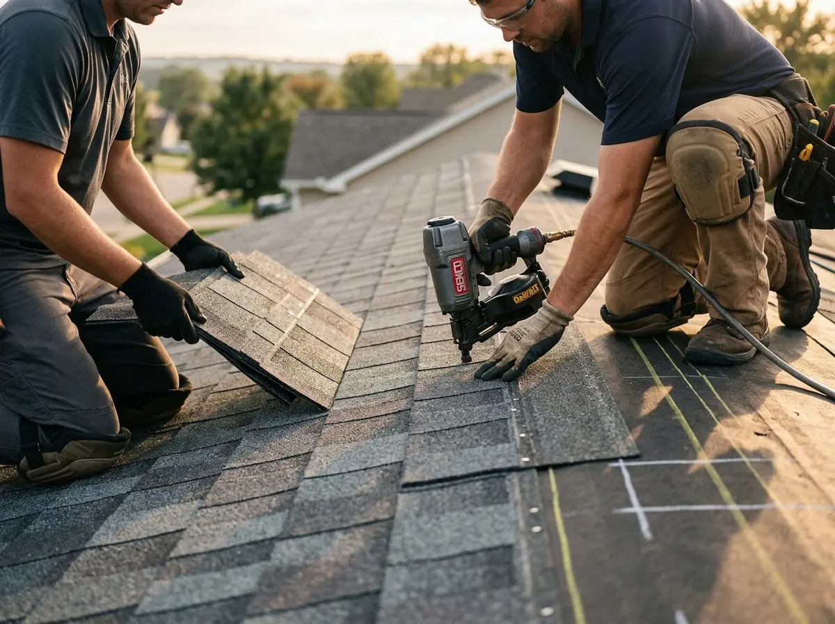 Professional roofer working on a residential roof in Ankeny